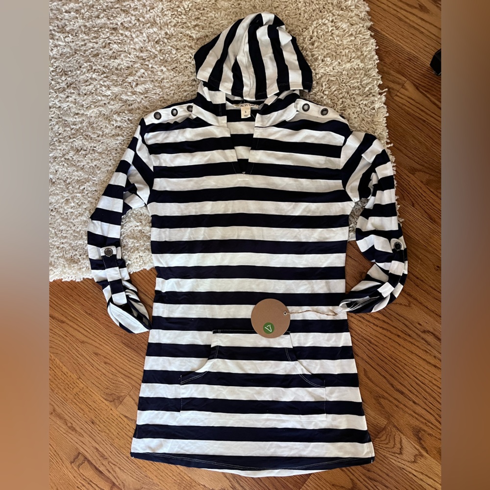 NWT Akini swimsuit coverup. Size small, navy blue and white stripes.